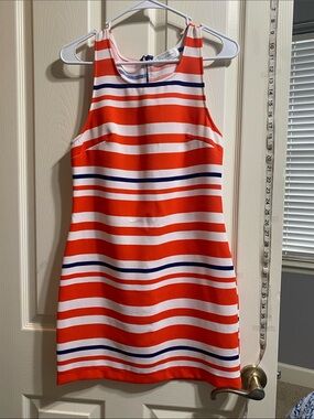 Striped Orange, Blue, and White Sleeveless Shift Dress